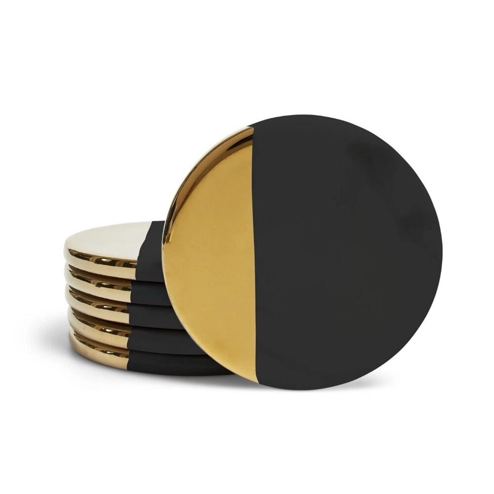 Unbranded Coasters Set of 6 Black Gold Modern Geometric Ceramic Cork Backed